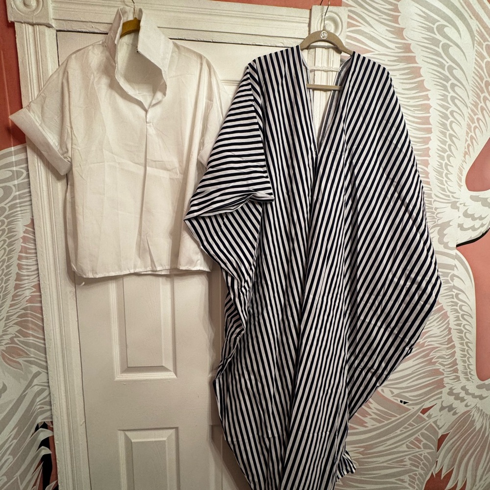 Three Pieces: Striped Black and White Women's Top. White Blouse, and White Pants